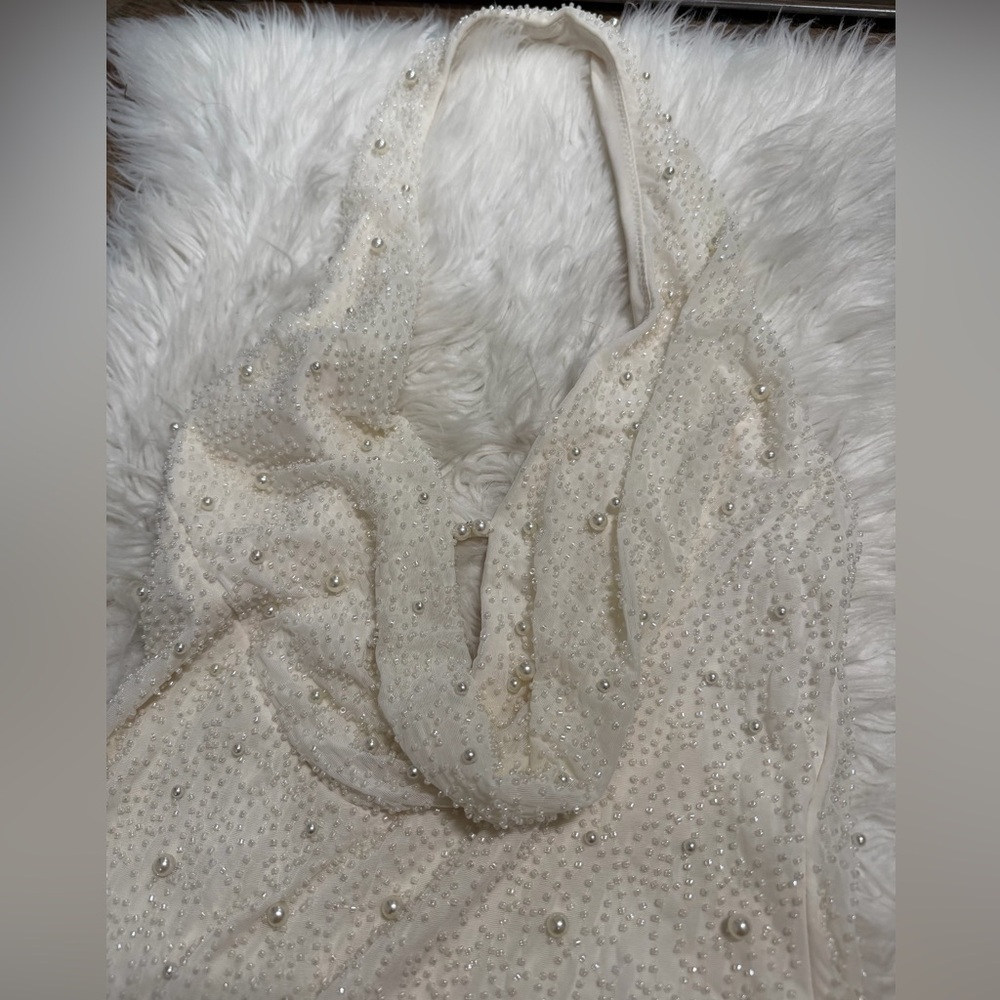 Oh Polly Pearl Beaded Halter Mini Dress Ivory Plunge Cowl Neck UK 8 US 4 - Picture 4 of 7